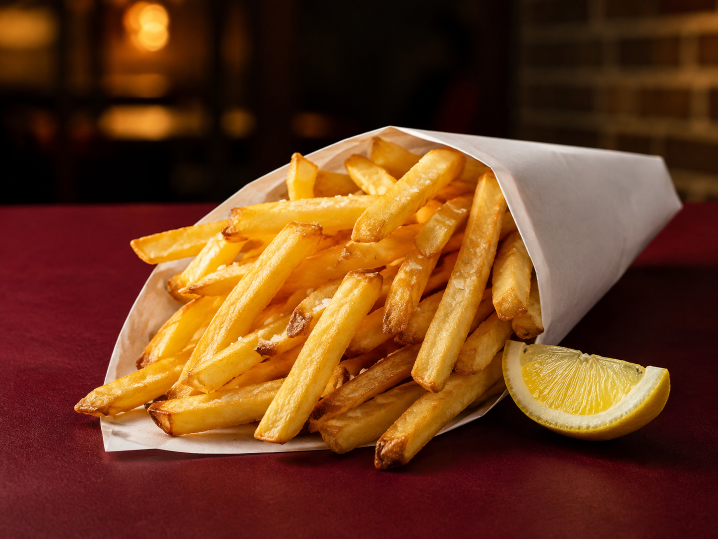 Batatas fritas douradas em cone de take-away