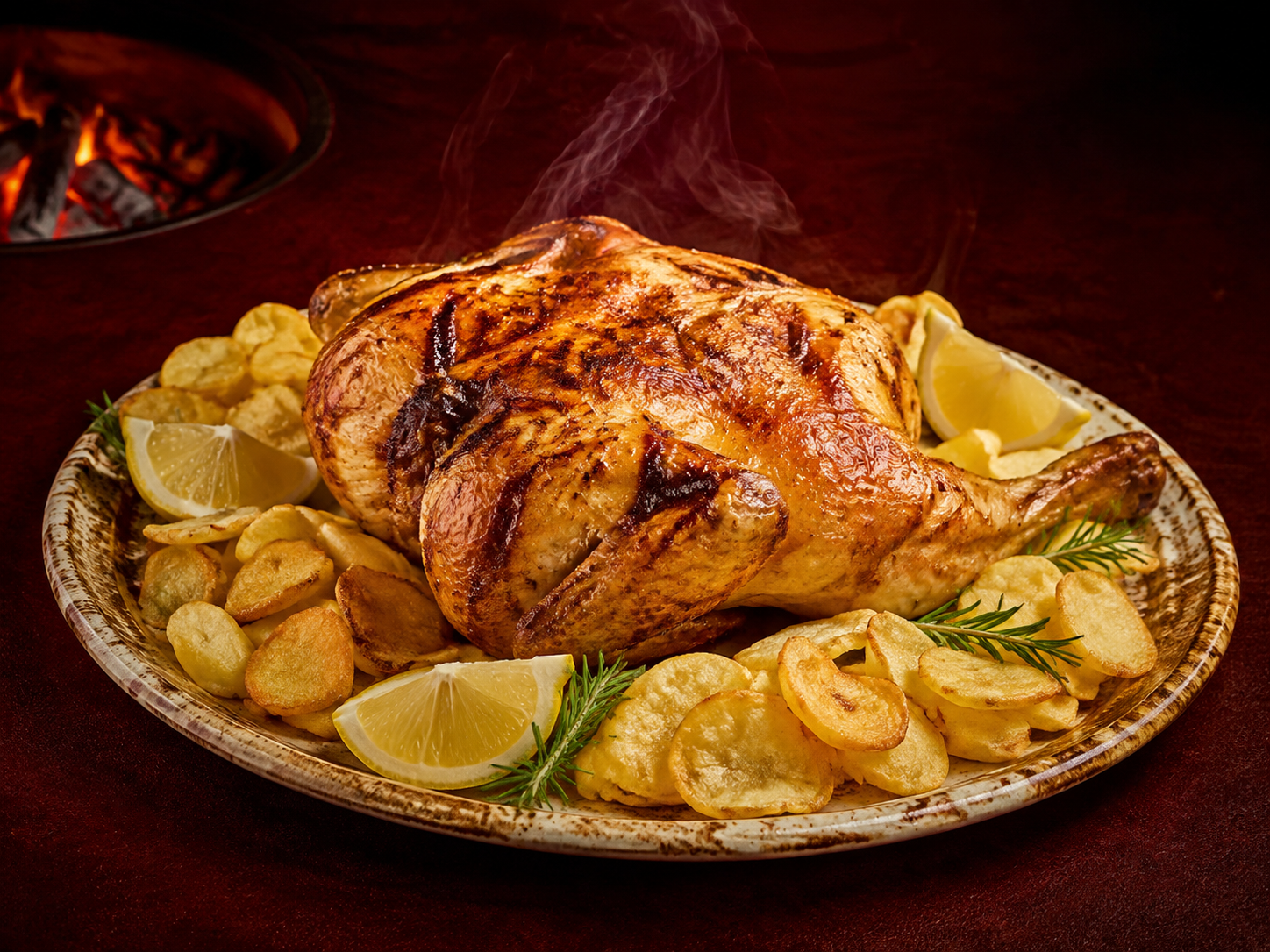 Frango assado dourado com batatas e limão